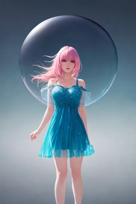 epic volumetric lighting, (bright colors), (masterpiece, best quality, highres, photo-referenced:1.1), centered, drawing of a 2d girl, 1girl, bangs, bare_shoulders, blue_eyes, breasts, bubble, cleavage, collarbone, eyebrows_visible_through_hair, gradient, gradient_background, lips, long_hair, looking_at_viewer, medium_breasts, megurine_luka, parted_lips, pink_background, pink_hair, solo, full body, full_body, standing, blue dress, (shiny, glossy, reflective, glassy, see-through hair, clear hair, transparent hair:1.3), intricate clothing detail, realistic lighting on clothes, anime, (realistic highlight, realistic shading:1.3), scenic background, outside, city, town, High-resolution, symmetrical eyes, illustration, amazing eye detail, (intricate shadow anatomy, intricate highlight anatomy), hard lighting. great continuity/cohesiveness/unity/composition in art, body centered, emotion on face