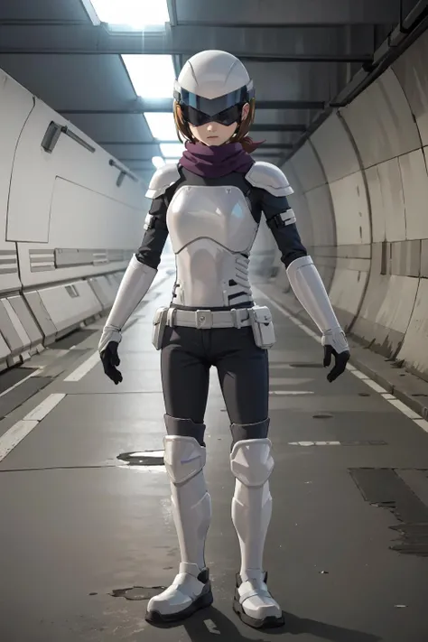 1girl,cipherpeon,standing,brown hair,short hair,bob cut,visor,covered eyes,facing viewer,armor,,helmet,scarf,full body,masterpiece,best quality,in concrete tunnel,underground fortress,soft lighting,  <lora:Cipherpeon-09:0.8>