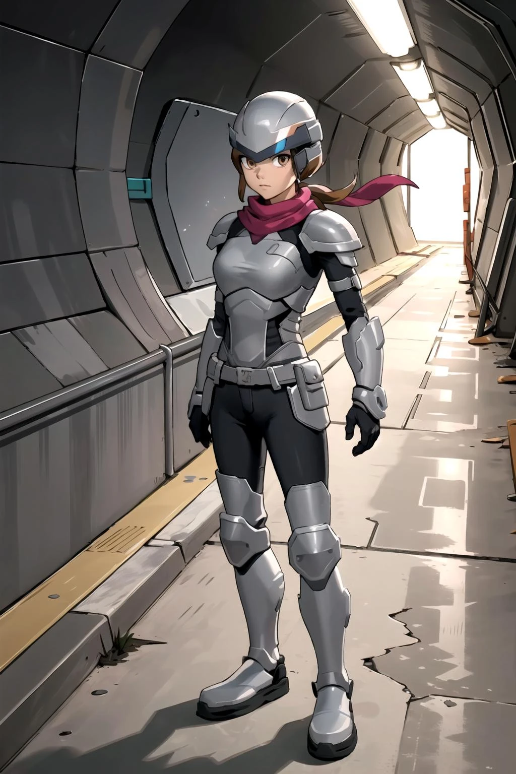 1girl,cipherpeon,standing,brown hair,pontytail,facing viewer,armor,),helmet,scarf,full body,masterpiece,best quality,in concrete tunnel,underground,soft lighting, <lora:Cipherpeon-09:0.7>