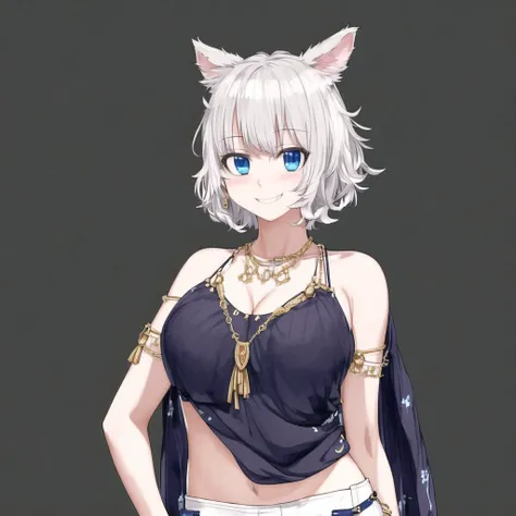 <lora:jun2:1>, jun, 1girl, animal ears, anklet, blue eyes, bracelet, breasts, circlet, collarbone, dancer, dark skin, gem, grin, highres, jewelry, looking at viewer, medium breasts, midriff, miqo'te, necklace, sandals, shawl, short hair, simple background, smile, solo, tail, thighlet, white hair