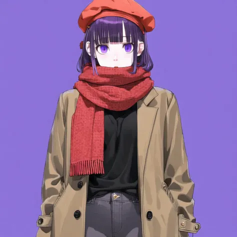 <lora:jun2:1>, jun, bangs, beret, blunt bangs, buttons, coat, cold, contemporary, hands in pockets, hat, leggings, long shorts, purple eyes, purple hair, scarf, shoes, shorts, simple background, solo, standing, striped, striped legwear, violet eyes, white background, winter clothes