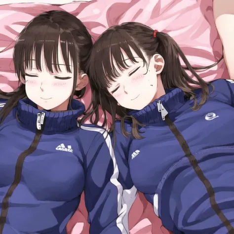 <lora:jun2:1>, jun, black hair, blue eyes, brown eyes, brown hair, closed eyes, crease, eyes closed, highres, kneehighs, long hair, mole, short hair, siblings, sisters, sleeping, smile, track suit, twintails