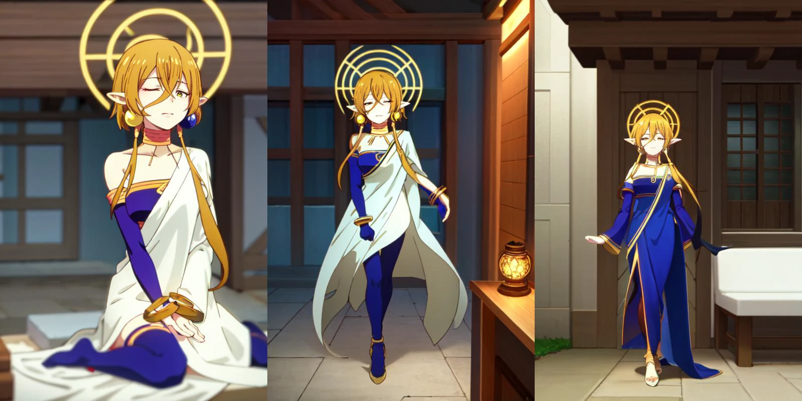 (otherworldly), highly insanely detailed, masterpiece, top quality, best quality, highres, 4k, 8k, RAW photo, (very aesthetic, beautiful and aesthetic), woman, short hair, blonde hair, yellow eyes, long twintails, pointy ears, halo, gold and purple earrings, detached sleeves, gold choker, white and purple robe, robe over one shoulder, gold bracelets, dynamic pose, (sleeping), <lora:Hiya:1>, fantasy city, medieval town, market stall,
__lazy-wildcards/dataset/background-color__, (fantasy world)âââ