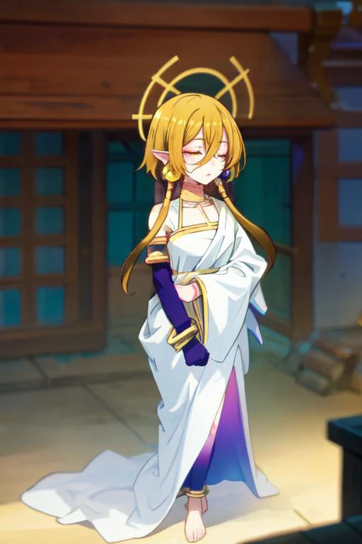 (otherworldly), highly insanely detailed, masterpiece, top quality, best quality, highres, 4k, 8k, RAW photo, (very aesthetic, beautiful and aesthetic), woman, short hair, blonde hair, yellow eyes, long twintails, pointy ears, halo, gold and purple earrings, detached sleeves, gold choker, white and purple robe, robe over one shoulder, gold bracelets, dynamic pose, (sleeping), <lora:Hiya:1>, fantasy city, medieval town, market stall, 
a colorful background,gradient background,multicolored background,solid color,solid color background, (fantasy world)âââ