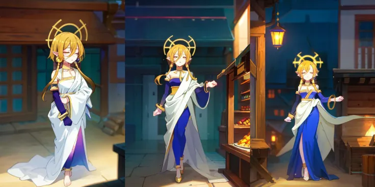 (otherworldly), highly insanely detailed, masterpiece, top quality, best quality, highres, 4k, 8k, RAW photo, (very aesthetic, beautiful and aesthetic), woman, short hair, blonde hair, yellow eyes, long twintails, pointy ears, halo, gold and purple earrings, detached sleeves, gold choker, white and purple robe, robe over one shoulder, gold bracelets, dynamic pose, (sleeping), <lora:Hiya:1>, fantasy city, medieval town, market stall,
__lazy-wildcards/dataset/background-color__, (fantasy world)âââ
