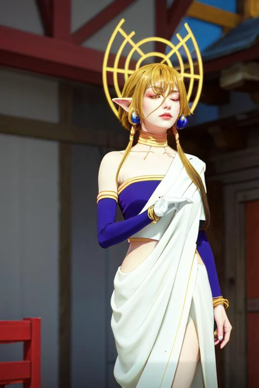 (otherworldly), highly insanely detailed, masterpiece, top quality, best quality, highres, 4k, 8k, RAW photo, (very aesthetic, beautiful and aesthetic), woman, short hair, blonde hair, yellow eyes, long twintails, pointy ears, halo, gold and purple earrings, detached sleeves, gold choker, white and purple robe, robe over one shoulder, gold bracelets, dynamic pose, (sleeping), <lora:Hiya:1>, fantasy city, medieval town, market stall,
silver background,sparkling silver background ,solid color,solid color background,neon color, (fantasy world)âââ