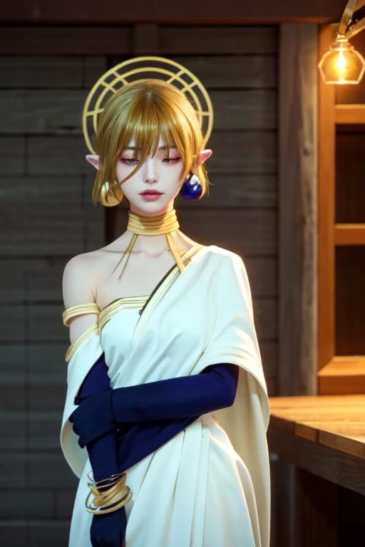 (otherworldly), highly insanely detailed, masterpiece, top quality, best quality, highres, 4k, 8k, RAW photo, (very aesthetic, beautiful and aesthetic), woman, short hair, blonde hair, yellow eyes, long twintails, pointy ears, halo, gold and purple earrings, detached sleeves, gold choker, white and purple robe, robe over one shoulder, gold bracelets, dynamic pose, (sleeping), <lora:Hiya:1>, fantasy city, medieval town, market stall,
dark background, (fantasy world)âââ