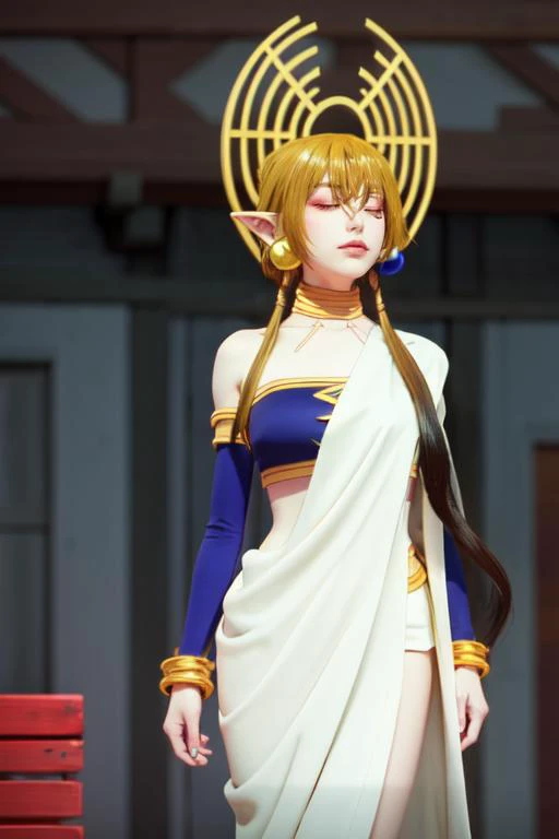 (otherworldly), highly insanely detailed, masterpiece, top quality, best quality, highres, 4k, 8k, RAW photo, (very aesthetic, beautiful and aesthetic), woman, short hair, blonde hair, yellow eyes, long twintails, pointy ears, halo, gold and purple earrings, detached sleeves, gold choker, white and purple robe, robe over one shoulder, gold bracelets, dynamic pose, (sleeping), <lora:Hiya:1>, fantasy city, medieval town, market stall,
pure magenta background,pure black background ,solid color,solid color background,gradient background,neon color,multicolored background, (fantasy world)âââ