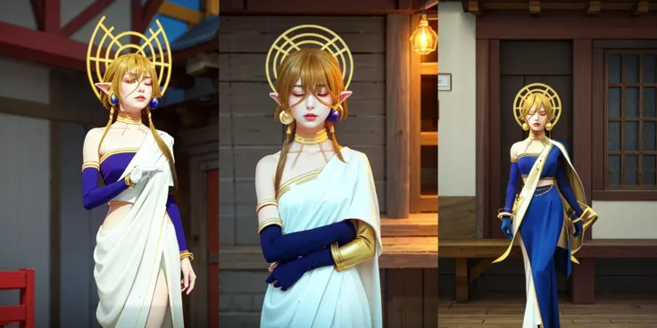 (otherworldly), highly insanely detailed, masterpiece, top quality, best quality, highres, 4k, 8k, RAW photo, (very aesthetic, beautiful and aesthetic), woman, short hair, blonde hair, yellow eyes, long twintails, pointy ears, halo, gold and purple earrings, detached sleeves, gold choker, white and purple robe, robe over one shoulder, gold bracelets, dynamic pose, (sleeping), <lora:Hiya:1>, fantasy city, medieval town, market stall,
__lazy-wildcards/dataset/background-color__, (fantasy world)âââ