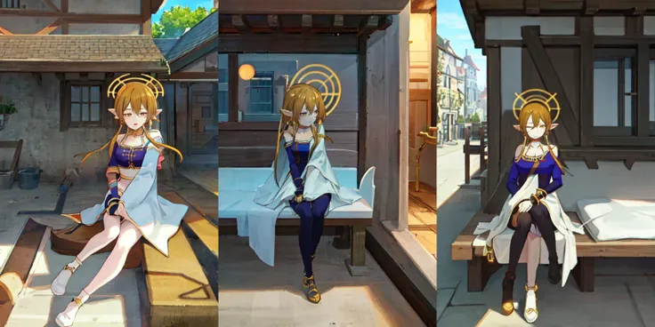 (otherworldly), highly insanely detailed, masterpiece, top quality, best quality, highres, 4k, 8k, RAW photo, (very aesthetic, beautiful and aesthetic), woman, short hair, blonde hair, yellow eyes, long twintails, pointy ears, halo, gold and purple earrings, detached sleeves, gold choker, white and purple robe, robe over one shoulder, gold bracelets, dynamic pose, (sleeping), <lora:Hiya:1>, fantasy city, medieval town, market stall,
__lazy-wildcards/dataset/background-color__, (fantasy world)âââ