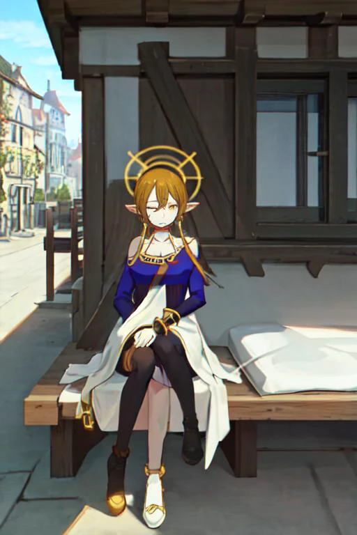 (otherworldly), highly insanely detailed, masterpiece, top quality, best quality, highres, 4k, 8k, RAW photo, (very aesthetic, beautiful and aesthetic), woman, short hair, blonde hair, yellow eyes, long twintails, pointy ears, halo, gold and purple earrings, detached sleeves, gold choker, white and purple robe, robe over one shoulder, gold bracelets, dynamic pose, (sleeping), <lora:Hiya:1>, fantasy city, medieval town, market stall,
pure orange background,transparent background, (fantasy world)âââ