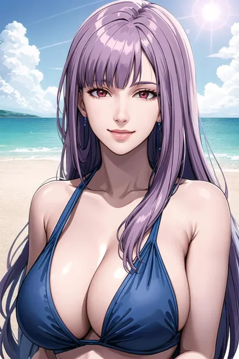 masterpiece,high quality,beach,sun,sea,cloud,
<lora:rouxlouka001:0.5>,solo,smile,looking at viewer,(realistic:1.3),
roux_louka,1girl,long hair,straight hair,light purple hair,sidelocks,one sided crescent earring,bangs,jewelry,red eyes,blue bikini,upper body,(thin arms:1.3),(huge breasts:1.2),pale skin,
<lora:leco_pale_skin_last:0>
<lora:more_details:0.3>