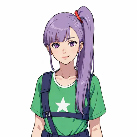 masterpiece,high quality,(white background:1.9),
<lora:rouxlouka001:0.5>,solo,smile,looking at viewer,
roux_louka,1girl,long hair,side ponytail,bangs,sidelocks,light purple hair,brown eyes,
collarbone,(star symbol print:1.1),green shirt,shoulder holster,pouch,short sleeves,leotard,ribbon,
upper body,