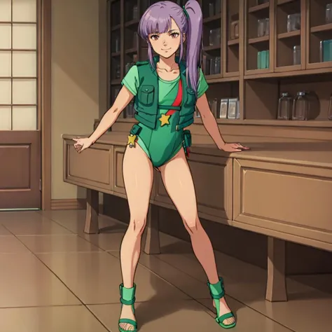 masterpiece,high quality,solo,indoors,
<lora:rouxlouka004:0.6>,smile,
rouxlouka,1girl,
long hair,side ponytail,bangs,sidelocks,light purple hair,brown eyes,
collarbone,shoulder holster,vest,pouch,green shirt,star symbol print,short sleeves,leotard,ribbon,
green footwear,toeless footwear,sandals,