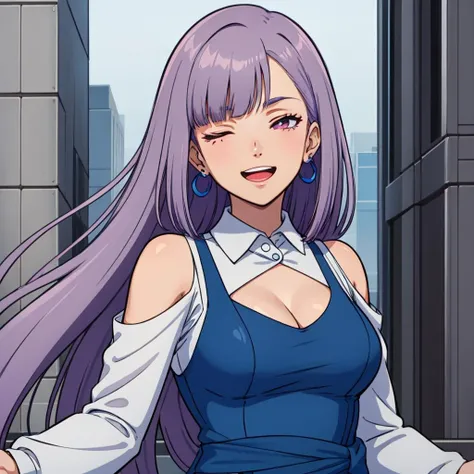 masterpiece,high quality,solo,cityscape,(wink:1.4),
<lora:rouxlouka004:0.5>,smile,open mouth,hand up,open hand,
rouxlouka,1girl,
long hair,straight hair,light purple hair,sidelocks,one sided crescent earring,bangs,jewelry,
bodysuit,blue dress,cleavage,white shirt,bare shoulders,collared shirt,sash,shoulder cutout,long sleeves,
close-up,