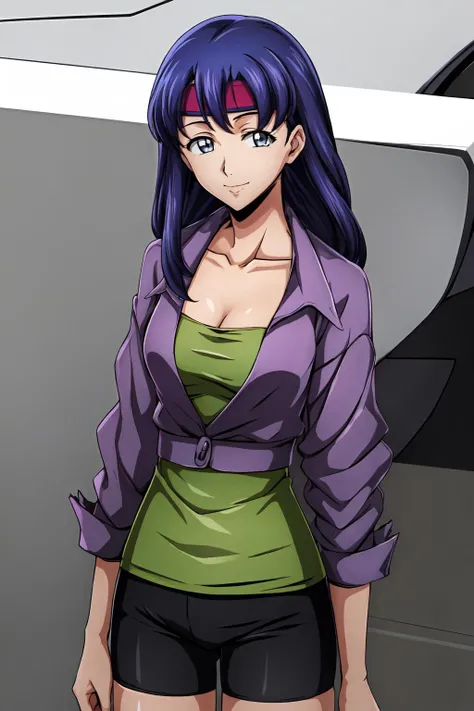 (masterpiece, best quality:1.2), highres, anime screencap, anime coloring, 1girl, solo, light smile,
Naomi_Inoue_V1, purple hair, long hair, bangs, grey eyes, headband, red headband, medium breasts,
purple jacket, open jacket, long sleeves, green shirt, collarbone, cleavage, black shorts, bike shorts,
looking at viewer, cowboy shot,
<lora:add_detail_CyberAlchemist:0.4>, <lora:GoodHands-beta2:0.8>, <lora:NaomiInoueV1-000010:1>