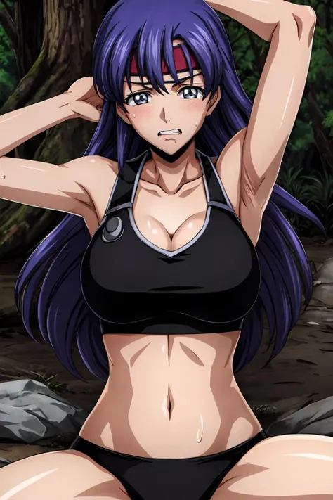 (masterpiece, best quality:1.2), highres, anime screencap, anime coloring, 1girl, solo, blush, sweat, clenched teeth, saliva, drooling,
Naomi_Inoue_V1, purple hair, long hair, bangs, grey eyes, headband, red headband, large breasts, cleavage,
black bra, sports bra, black panties, highleg,
sitting on ground and spread legs, knees up, against tree, arms up, armpits,
outdoors, forest, tree, looking at viewer, head on,
<lora:add_detail_CyberAlchemist:0.4>, <lora:GoodHands-beta2:0.8>, <lora:NaomiInoueV1-000010:1>