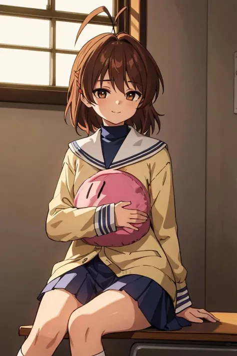 masterpiece, best quality, CG, wallpaper, HDR, high quality, high-definition, extremely detailed, lot of details, (intense shadows), (intense lighting),(detailed:1.1), very detailed eyes, very detailed face, very detailed hair, very detailed background, <lora:Tsurime:1>,  <lyco:GoodHands-beta2:1>,  furukawa_nagisa_clannad, classroom, sitting, on desk, looking at viewer, autumn_school_uniform, doll_dango, holding doll, ling smile,  <lora:furukawa-nagisa_CLANNAD_v1:1>,
