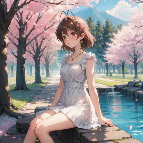 detailed illustration, masterpiece, natural lighting, midday, digital artwork, extremely detailed, cute dress, extremely detailed clothes, forest background, bushes, cherry trees, noon, dusk, spring, fall, natural lighting, girl, perfect anatomy, detailed eyes, blush, small breasts, messy hair, necklace, earrings, legs in pool, wet legs, a lot of small clouds, sitting on rock, pink leaves on ground, mountains in the back, <lora:furukawa-nagisa_CLANNAD_v1:1>, furukawa_nagisa_clannad,