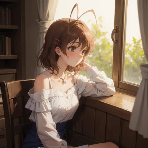 beautiful,  masterpiece, best quality, ultra-detailed, beautiful lighting, looking from side, detailed face, small breasts, cleavage, brown_hair, perfect lighting, long_sleeves, off_shoulder, 1girl, sitting, relaxed, leaning back, detailed, necklace, hairclip, street on the window, messy hair, blush, arms at back, hands at back, <lora:furukawa-nagisa_CLANNAD_v1:1>, furukawa_nagisa_clannad,