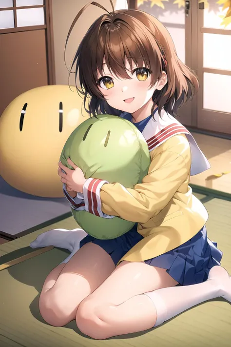 furukawa_nagisa_clannad, sitting, wariza, upper body, from side, smile, yellow jacket, autumn_school_uniform, blue skirt, green doll, doll_dango, doll hug, white socks, no shoes, indoors, tatami, sliding doors