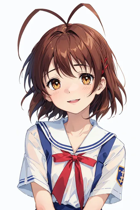 <lora:furukawa-nagisa_CLANNAD_v1:1>, furukawa_nagisa_clannad, upper body, portrait, looking at viewer, :d, smile, white serafuku, summer_school_uniform, white background