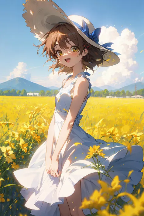<lora:furukawa-nagisa_CLANNAD_v1:1>, furukawa_nagisa_clannad, cowboy shot, from side, depth of field, looking at viewer, sun hat, white hat, hat bow, :d, smile, sundress, sleeveless dress, white dress, v arms, outdoors, day, wind, cloud, blue sky, mountainous horizon, flower field, rapeseed blossoms