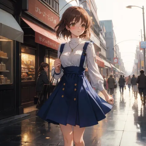 beautiful,  masterpiece, best quality, ultra-detailed, beautiful lighting, detailed face, small breasts, cleavage, brown_hair, perfect lighting, 1girl, relaxed, detailed, necklace, hairclip, street, shopping malls, road, trees, bushes, casual clothing, messy hair, blush, arms at back, hands at back, <lora:furukawa-nagisa_CLANNAD_v1:1>, furukawa_nagisa_clannad, full body, legs,