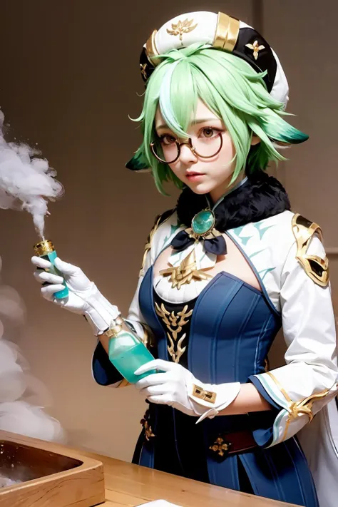 masterpiece, best quality, <lora:sucrose:1>,1girl, sucrose (genshin impact), green hair, gloves, solo, glasses, hat, animal ears, blush, vision (genshin impact), flask, holding,white gloves, multicolored hair, long sleeves, semi-rimless eyewear, orange eyes, breasts, test tube, cat ears, green background, short hair, upper body, dress, hair between eyes, yellow eyes,  gold trim, beret, bangs, blue dress, fur trim, steam, fur collar, vial,  liquid, teeth,