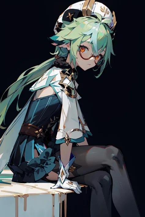 masterpiece, 1girl,solo, vision \(genshin impact\),sucrose \(genshin impact\) ,glasses, green hair,multicolored hair,long hair,ponytail,orange eyes,animal ears, hat,dress,long sleeves, gloves, garter straps, black thighhighs ,sitting, crossed legs, from side, black background,looking at viewer, hands on own thighs, feet out of frame