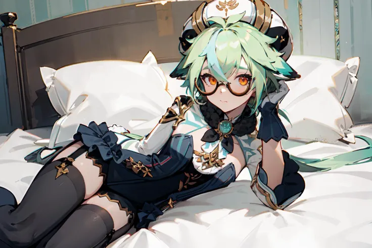 masterpiece, 1girl,solo, vision \(genshin impact\),sucrose \(genshin impact\) ,glasses, green hair,multicolored hair,long hair,ponytail,orange eyes,animal ears, hat,dress,long sleeves, gloves, garter straps, black thighhighs ,looking at viewer,Side lying.bed, pillow.indoor, arm supported head