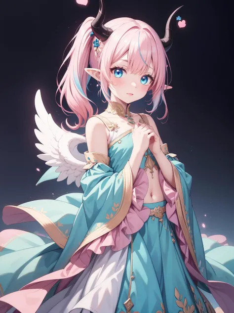 masterpiece, best quality, <lora:Yuta-Chernobaeva-V3:0.4>, Yuta-Chernobaeva-V3, White horns, (Pink hair:1.1), (light blue hair:1.0), blue eyes, Pointy ears, (Gradient hair:1.1), Medium hair, side ponytail, Lehenga choli dress