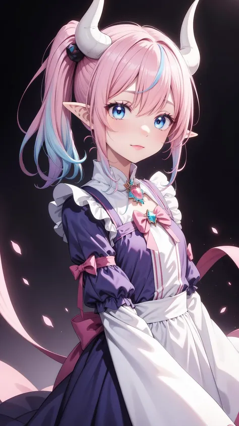 masterpiece, best quality, <lora:Yuta-Chernobaeva-V3:0.5>, Yuta-Chernobaeva-V3, White horns, (Pink hair:1.1), (light blue hair:1.0), blue eyes, Pointy ears, (Gradient hair:1.1), Medium hair, side ponytail, Meido dress