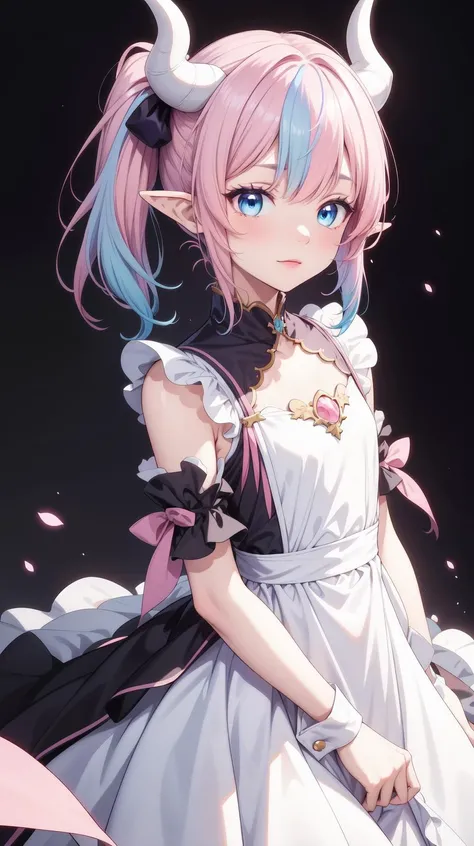 masterpiece, best quality, <lora:Yuta-Chernobaeva-V3:0.5>, Yuta-Chernobaeva-V3, White horns, (Pink hair:1.1), (light blue hair:1.0), blue eyes, Pointy ears, (Gradient hair:1.1), Medium hair, side ponytail, Maid dress