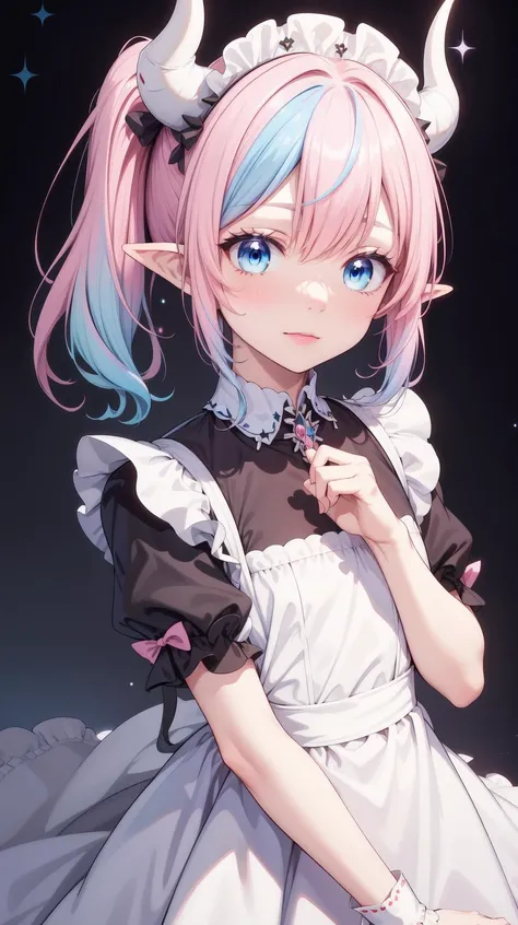 masterpiece, best quality, <lora:Yuta-Chernobaeva-V3:0.5>, Yuta-Chernobaeva-V3, (White horns:1.2), (Pink hair:1.1), (light blue hair:1.0), blue eyes, Pointy ears, (Gradient hair:1.1), Medium hair, side ponytail, (Maid dress:1.2)