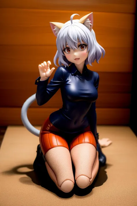 anime style, (dramatic lighting:0.5), best quality, absurdres, masterpiese, highly detailed, BREAK
1girl, solo, excited, aroused, slut, underboob, thicc, BREAK
sexy pose, love hotel, BREAK
blush, deep eyes, symbol-shaped pupils, medium | big breast, skinny, messy hair, very long hair, saturated hair, low twintails, hair between eyes, bangs, heart ahoge, BREAK
cat ears, animal ear fluff, cat tail, fang, :3, (pubic hair:0.9), BREAK
animal collar, fishnet pantyhose, BREAK
<lora:LoRA_Neferpitou:0.8> NeferpitouDef, orange eyes, white hair, short hair, wavy hair, bangs, curly hair, animal ears, hair between eyes, breasts, medium breasts, cat girl, cat tail, tail, cat ears, joints, doll joints, shirt, long sleeves, pantyhose, shorts, collared shirt, blue shirt, spoken question mark, brown shorts, orange shorts, shoes, socks, other focus, hunter x hunter, neferpitou, More doll joints*, (joints:1.4) or (doll joints:1.4)