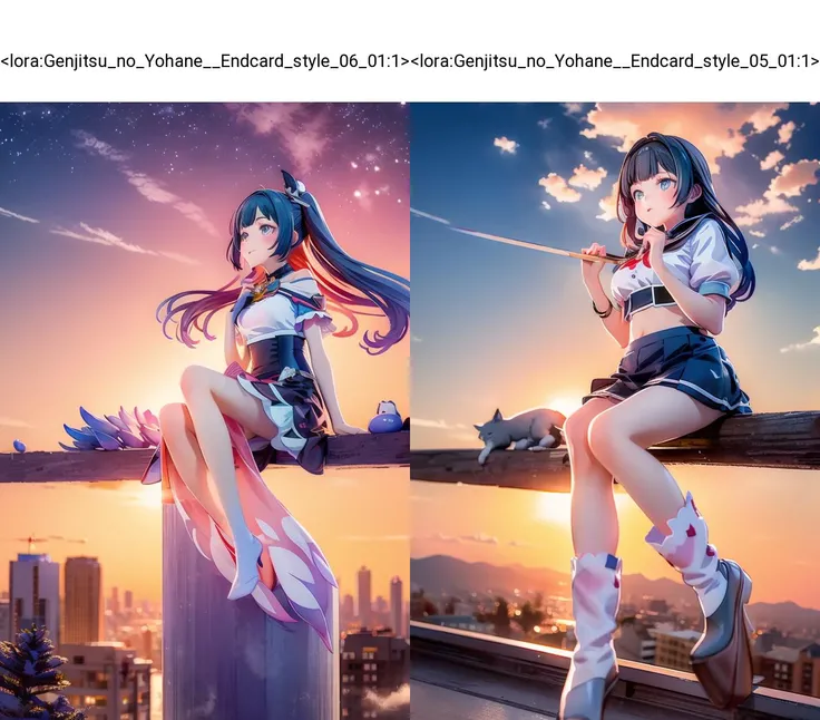cute girl soars sitting on a broom, evening sunset, high above the horizon, above the ground, a colorized style by yohhh,   <lora:Genjitsu_no_Yohane__Endcard_style_06_01:1>