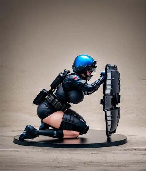 1female   in swat gear.  crouching. holding on  riot shield infront . big breast. cammel toe .