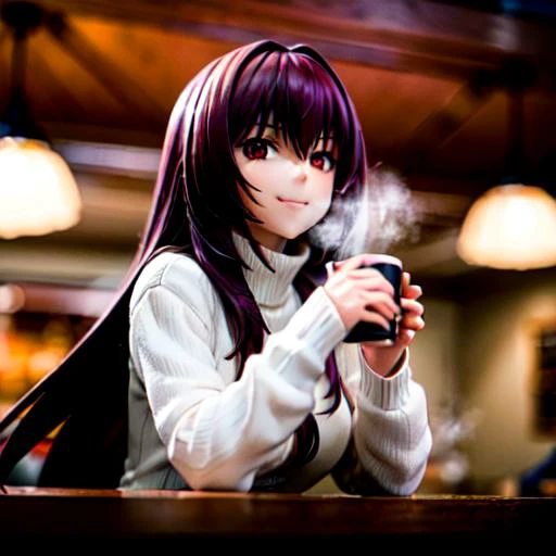<lora:scathach:0.8>, scathach, scathachSweater, masterpiece, best quality, absurdres, 1girl, cafe, indoors, window, crowd, coffee, sitting, steam, looking at viewer, upper body, smile, hanging light, ceiling light, potted plant