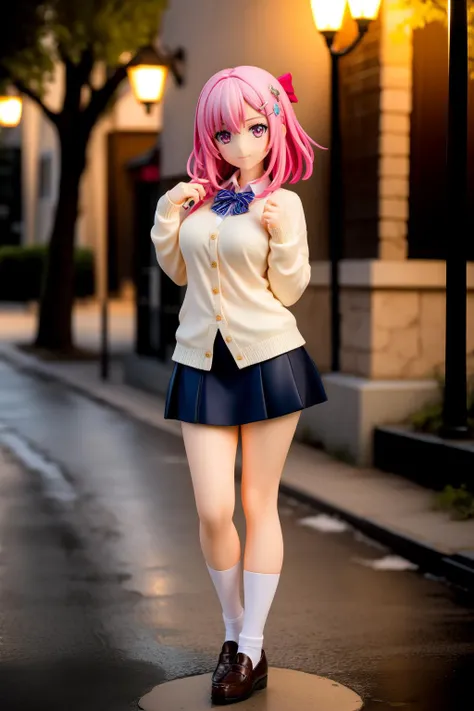 (masterpiece, best quality, hires, high resolution:1.2,  8k , high quality),extremely detailed eyes,intricate details,
outdoors,looking at viewer,light smile,
1girl,solo,nacht,hair bow,hair ornament,hairclip,pink eyes,pink hair,
socks,cardigan,bowtie,loafers,collared shirt,long skirt,belt,