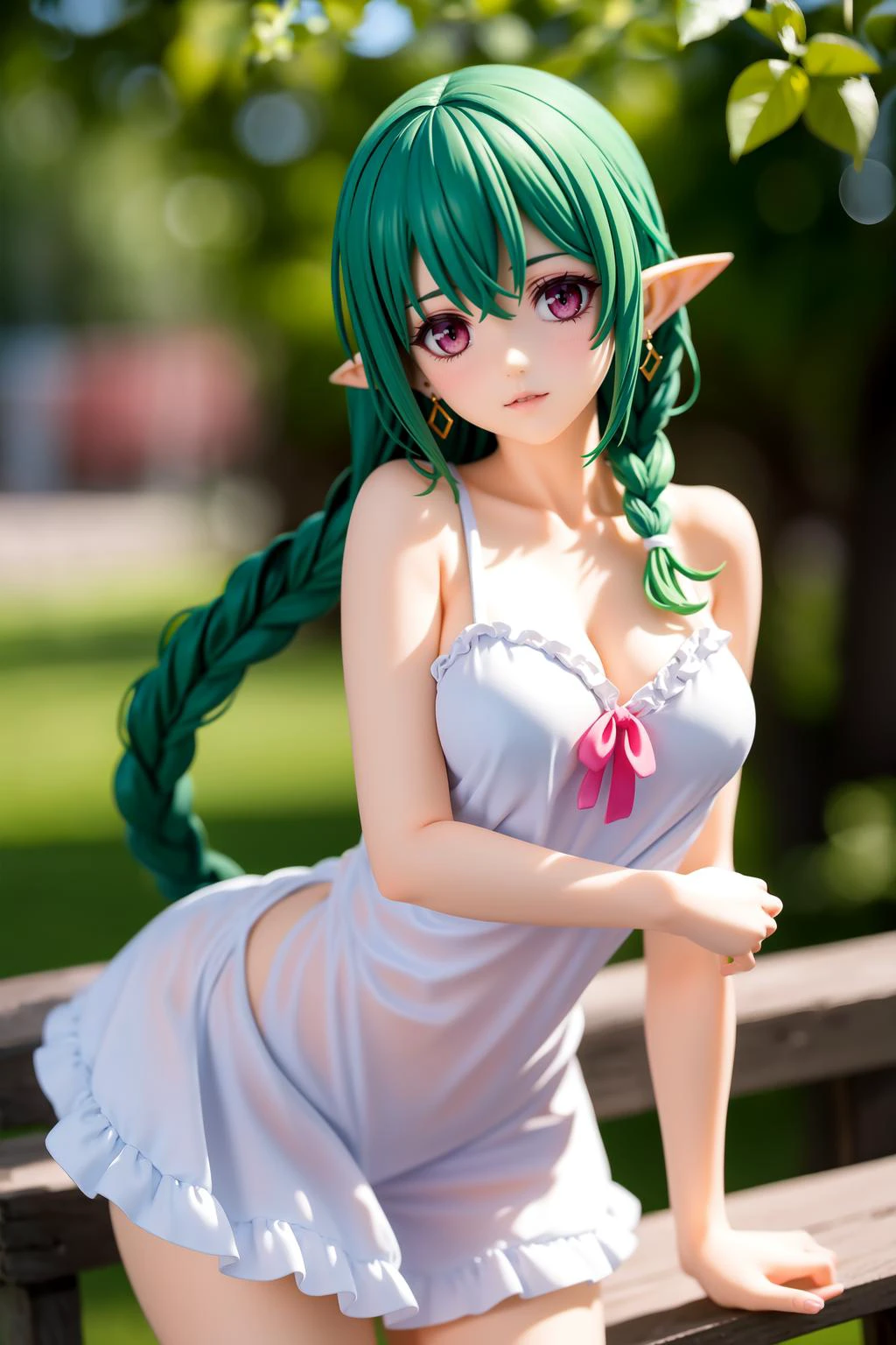 (masterpiece, best quality, hires, high resolution:1.2, 8k , high quality),extremely detailed eyes,intricate details, outdoors,looking at viewer,
1girl, pointy ears, earrings, green hair, single braid, medium breasts, pink eyes, detailed eyes, light smile, parted lips,sundress, breasts,
standing,
outdoors,