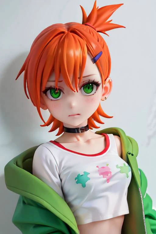jacket, loose clothes, short hair, choker, hairclip, black choker, green jacket, orange hair, gwendolyn_tennyson, green eyes, upper body, close up, portrait, cropped top