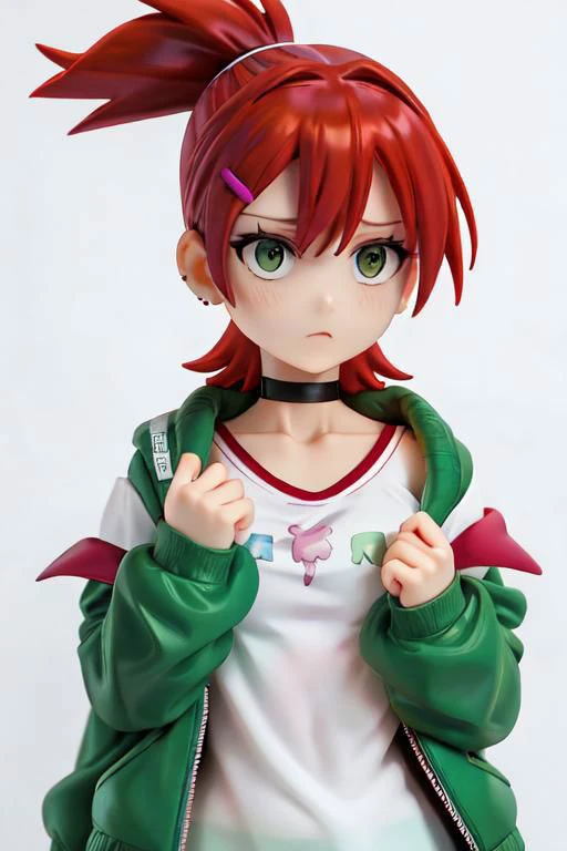 , jacket, loose clothes, ponytail, Red hair, choker, hairclip, black choker, green jacket, , Frankie Foster, , upper body, cropped top, close up