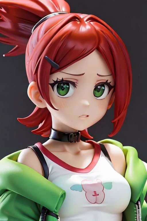 , jacket, loose clothes, ponytail, Red hair, choker, hairclip, black choker, green jacket, , Frankie Foster, , upper body, cropped top, close up, chibi