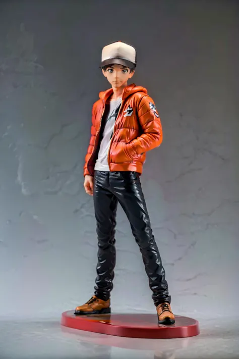 Masterpiece, best quality, 1man, tptownie, trucker hat, colorful wjhat, orange jacket, black shirt, brown pants, <lora:Anime_Figure:.8> figure <lora:Carson:.8> grey eyes,