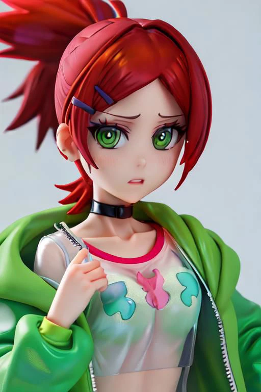 Xray vision, see thru, jacket, loose clothes, ponytail, Red hair, choker, hairclip, black choker, green jacket, , Frankie Foster, , upper body, cropped top, close up,