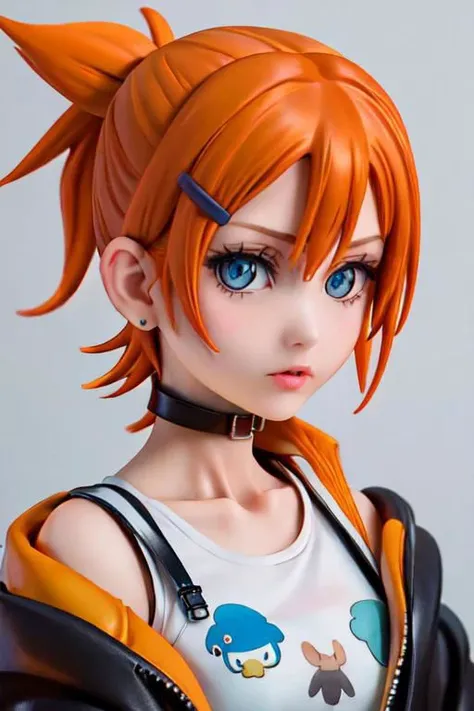 jacket, loose clothes, short hair, ponytail, choker, hairclip, black choker, yellow jacket, suspenders, blue eyes, upper body, close up, portrait, cropped top, orange hair, nomura tetsuya, gwendolyn_tennyson