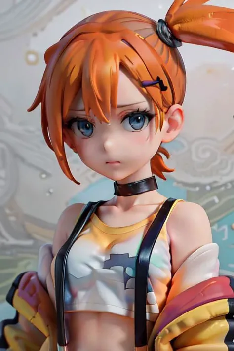 jacket, loose clothes, side ponytail, choker, hairclip, black choker, yellow shirt, suspenders, orange hair, blue eyes, upper body, close up, portrait, cropped top, misty \(pokemon\)