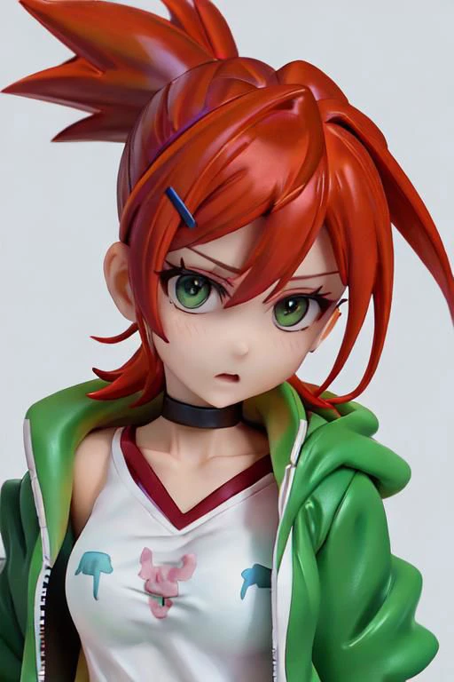 , jacket, loose clothes, ponytail, Red hair, choker, hairclip, black choker, green jacket, , Frankie Foster, , upper body, cropped top, close up, super saiyan