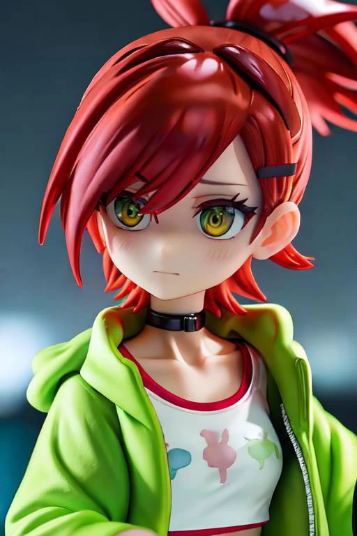 Glowing eyes, jacket, loose clothes, ponytail, Red hair, choker, hairclip, black choker, green jacket, , Frankie Foster, , upper body, cropped top, close up,